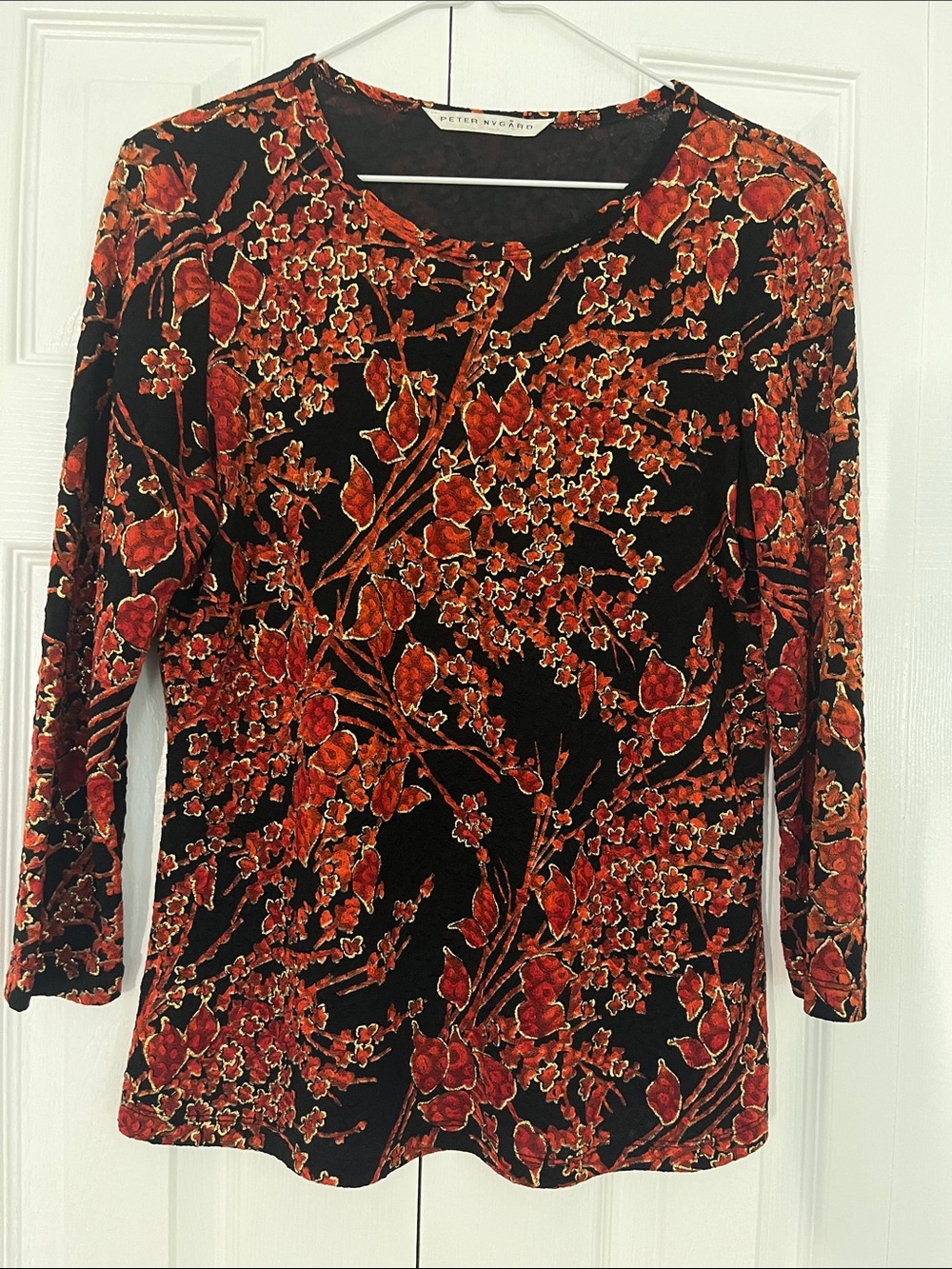 Peter Nygard Black and Red Floral Velvet 3/4 Sleeve Top